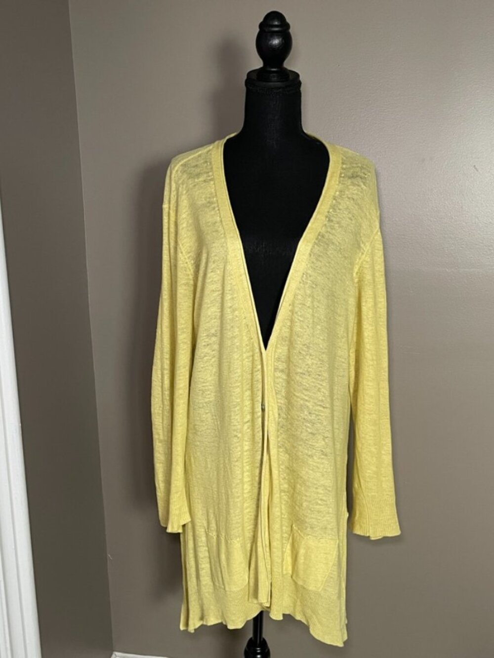 EILEEN FISHER XL 100% Linen Asymmetric Long Cardigan Pale Yellow (AS IS)